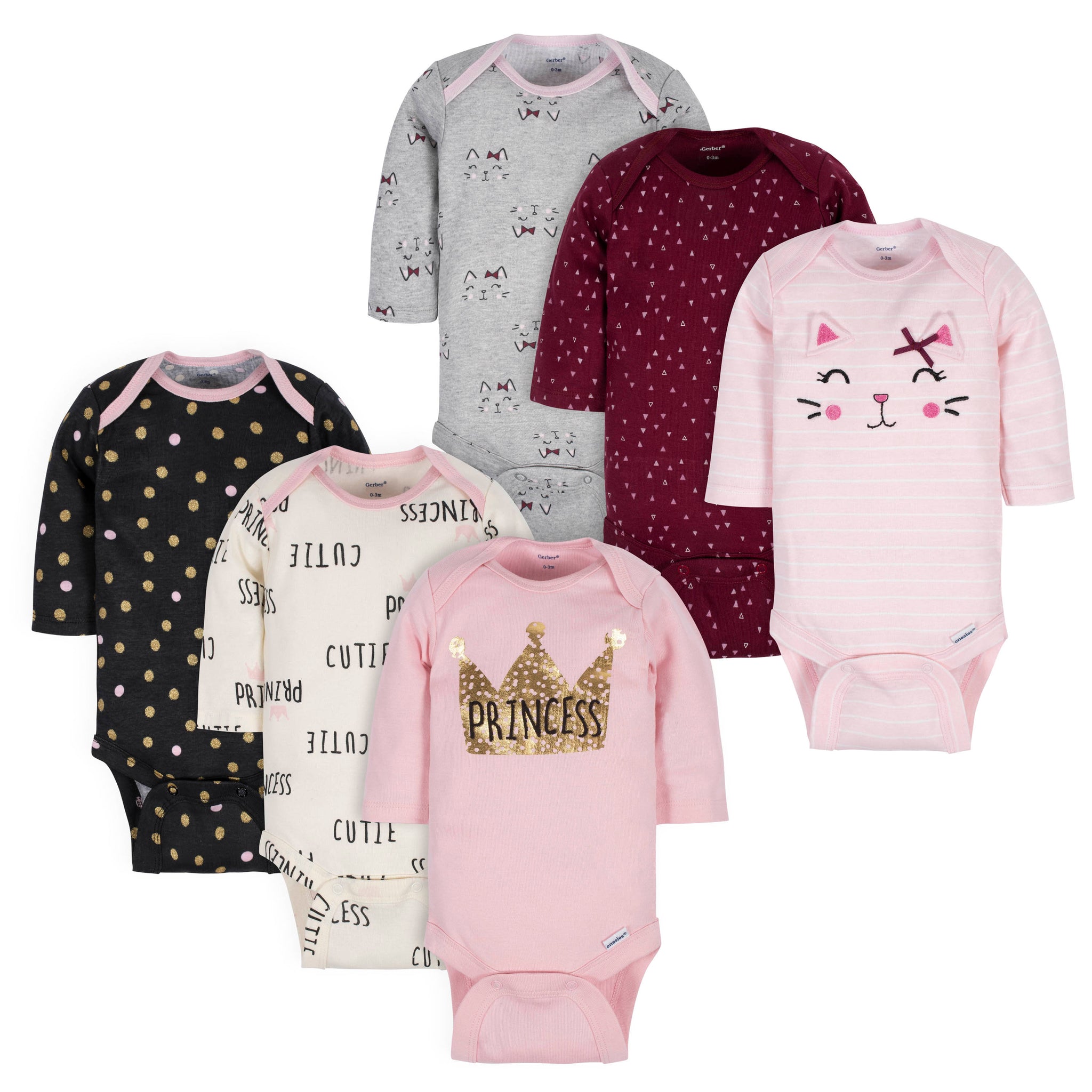 6-Pack Baby Girls Princess & Cat Long Sleeve Onesies® Bodysuits-Gerber Childrenswear Wholesale