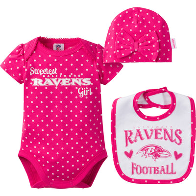 NFL 2-Piece Baby Girls Ravens Bodysuit, Bib and Cap Set-Gerber Childrenswear Wholesale