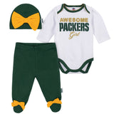 3-Piece Green Bay Packers Bodysuit, Pant, and Cap Set-Gerber Childrenswear Wholesale