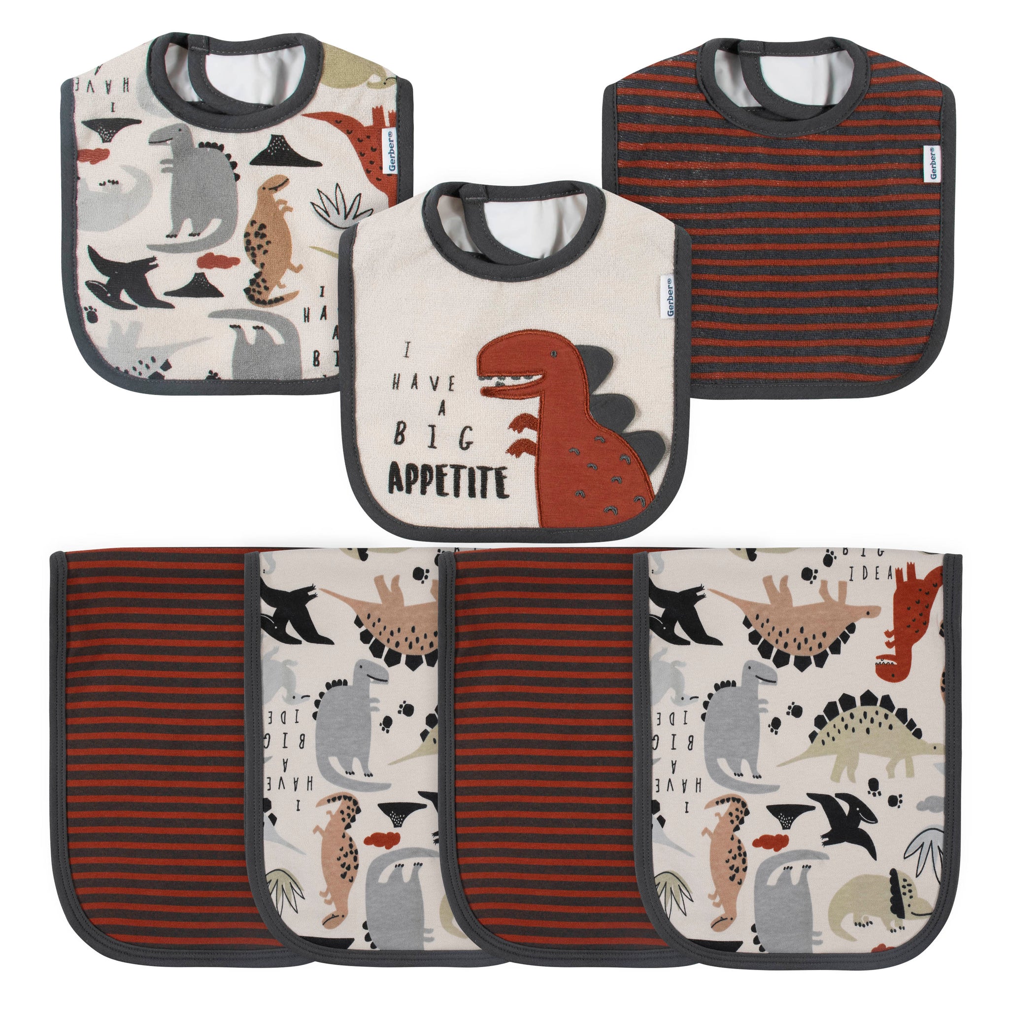 7-Piece Baby Neutral Dino Terry Bibs & Terry Burp Cloths Set-Gerber Childrenswear Wholesale