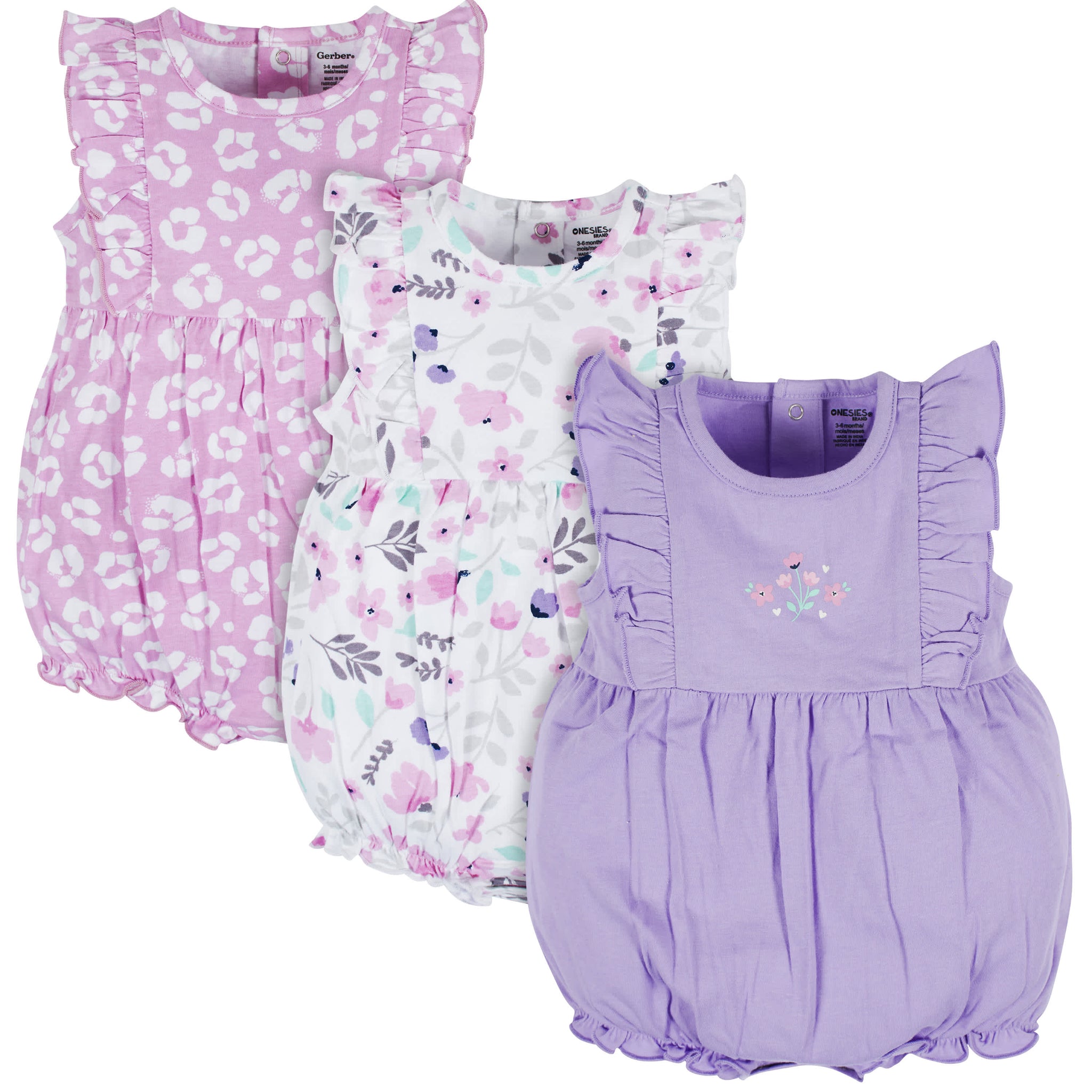 3-Pack Baby Girls Rainbow Floral Rompers-Gerber Childrenswear Wholesale