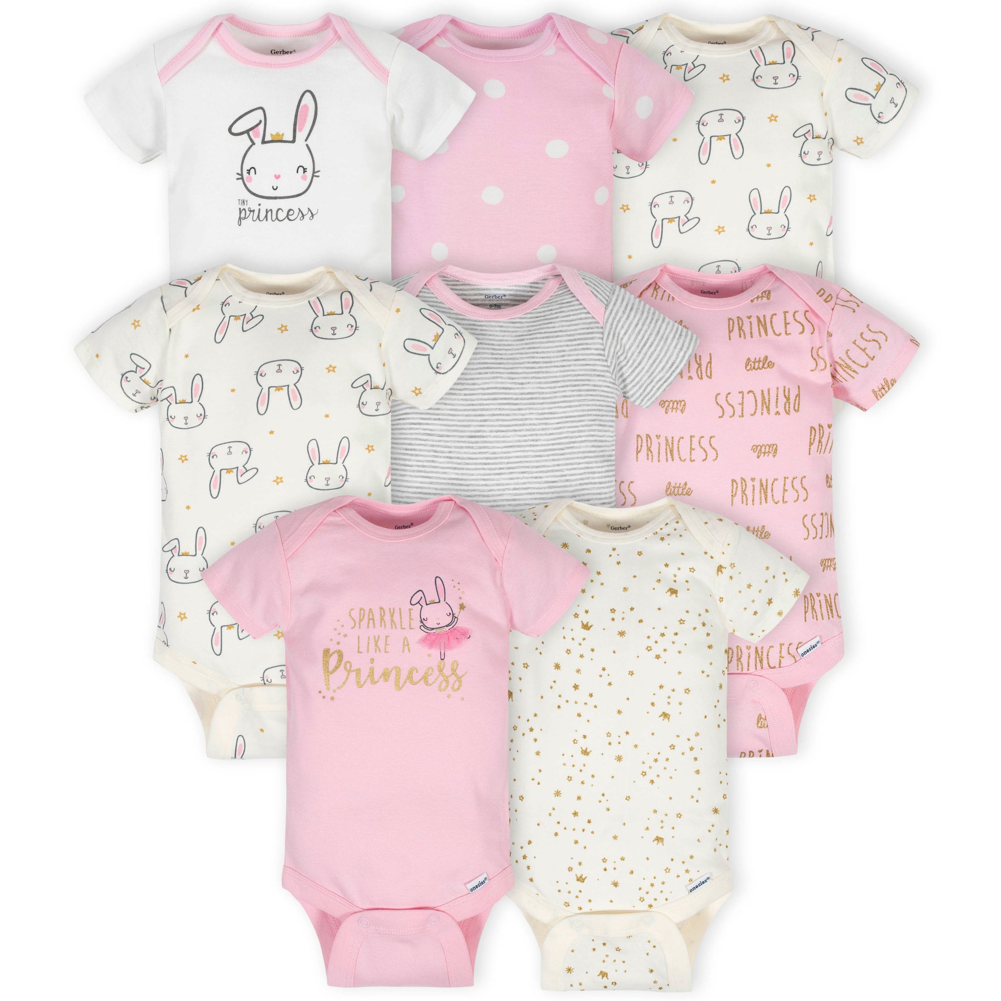 8-Pack Baby Girls Princess Short Sleeve Onesies® Bodysuits-Gerber Childrenswear Wholesale