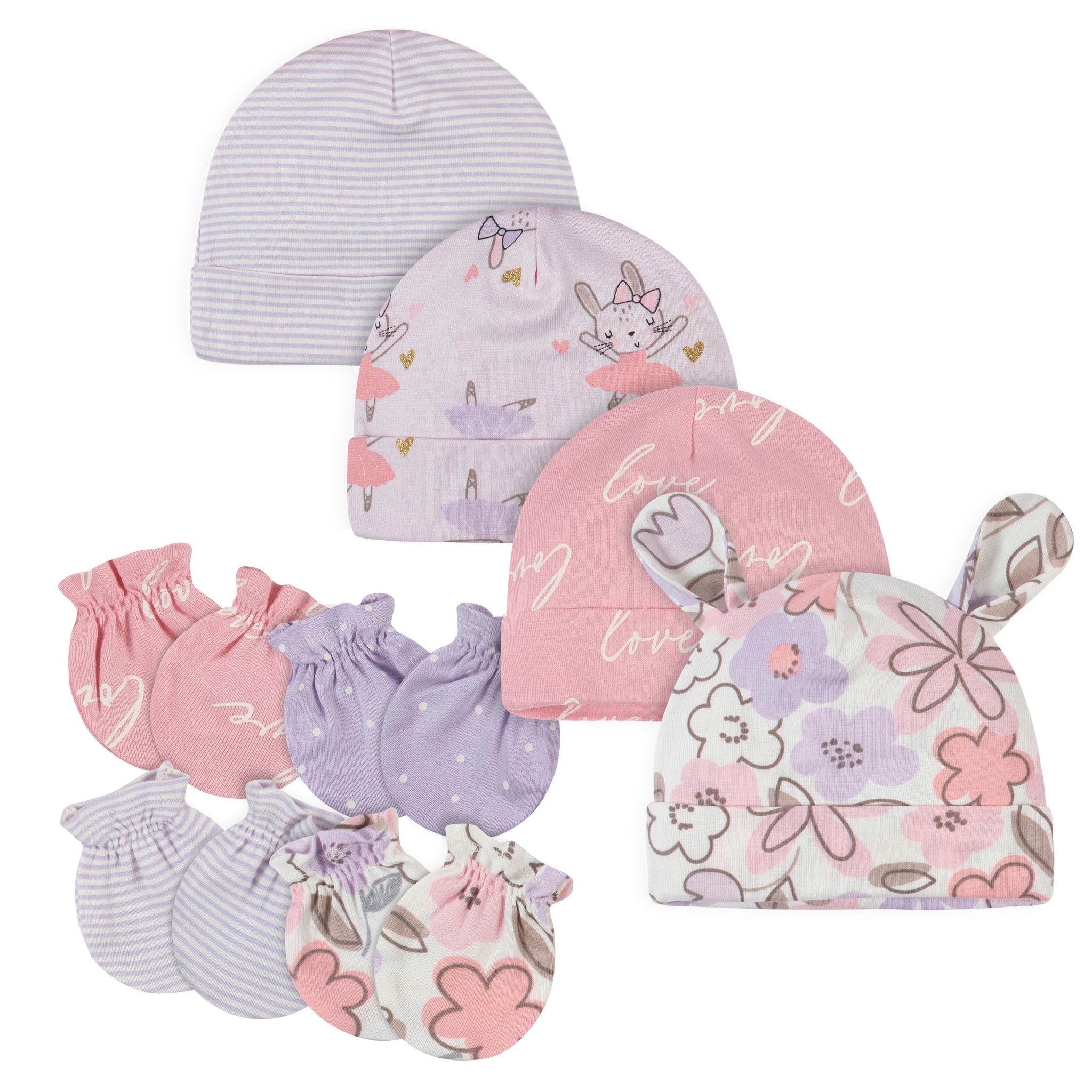 8-Piece Baby Girls Bunny Caps & Mittens Set-Gerber Childrenswear Wholesale