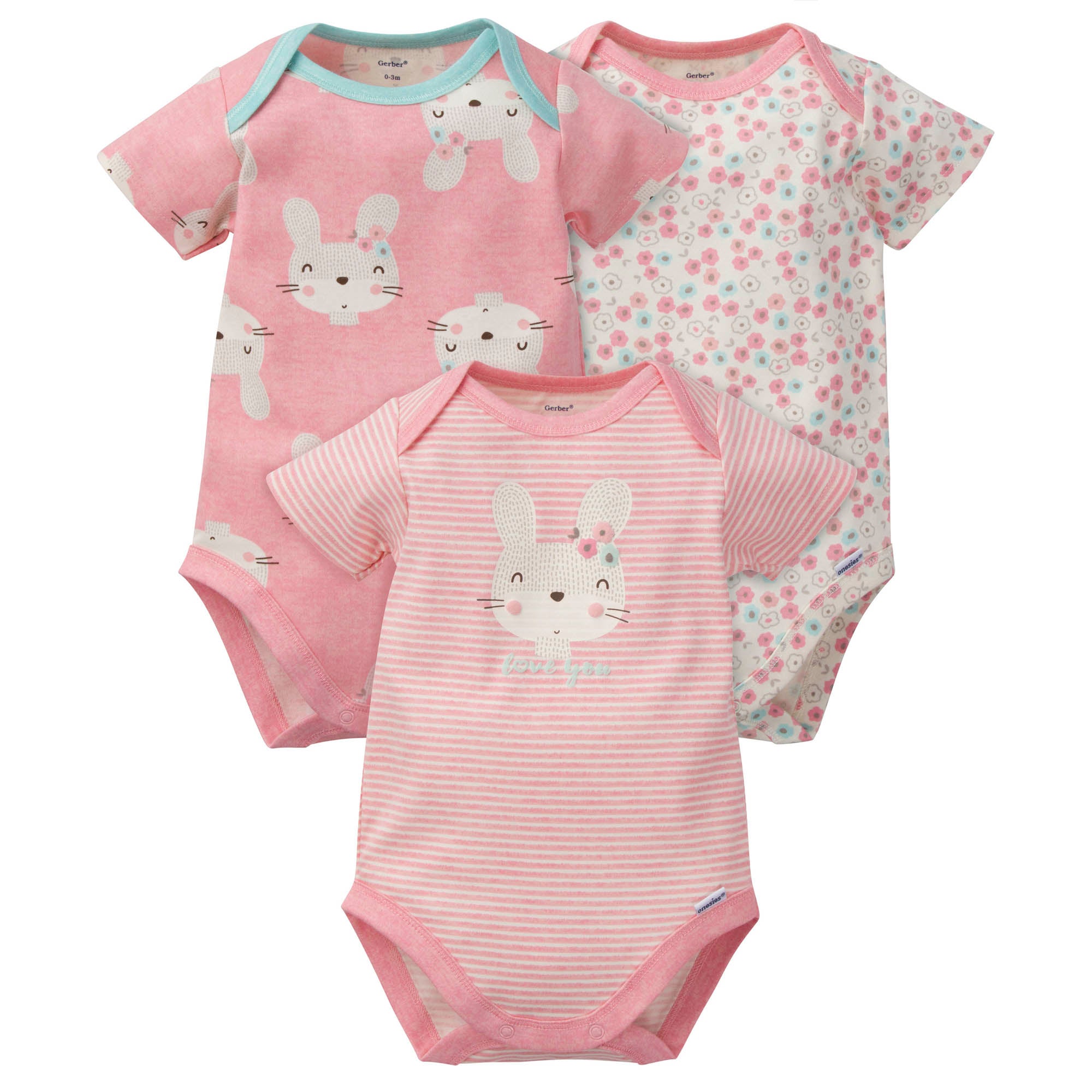 3-Pack Organic Baby Girls Floral Bunny Short Sleeve Onesies® Brand Bodysuits-Gerber Childrenswear Wholesale