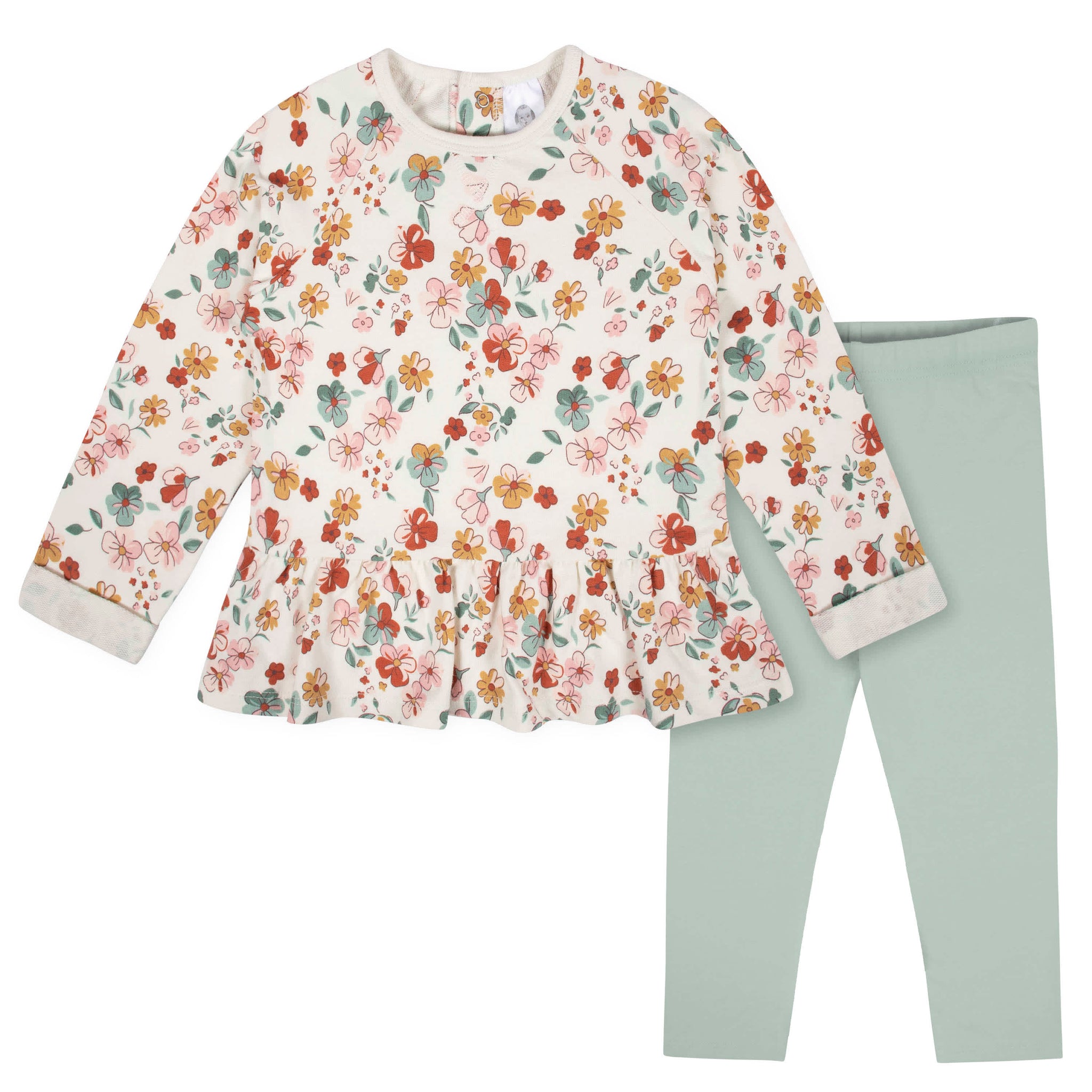 2-Piece Infant & Toddler Girls Mint Floral Peplum Top & Leggings Set-Gerber Childrenswear Wholesale