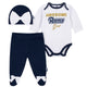 Los Angeles Rams Girl Outfit, 3pc Bodysuit, Pant, and Cap Set - Rams-Gerber Childrenswear Wholesale