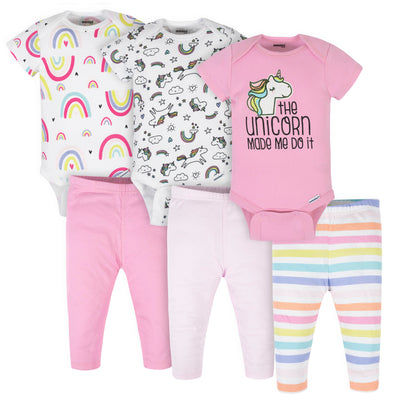 6-Piece Baby Girls Unicorn Onesies® Bodysuits & Pants Set-Gerber Childrenswear Wholesale