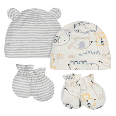 4-Piece Organic Baby Boys Jungle Caps & No Scratch Mittens Set-Gerber Childrenswear Wholesale