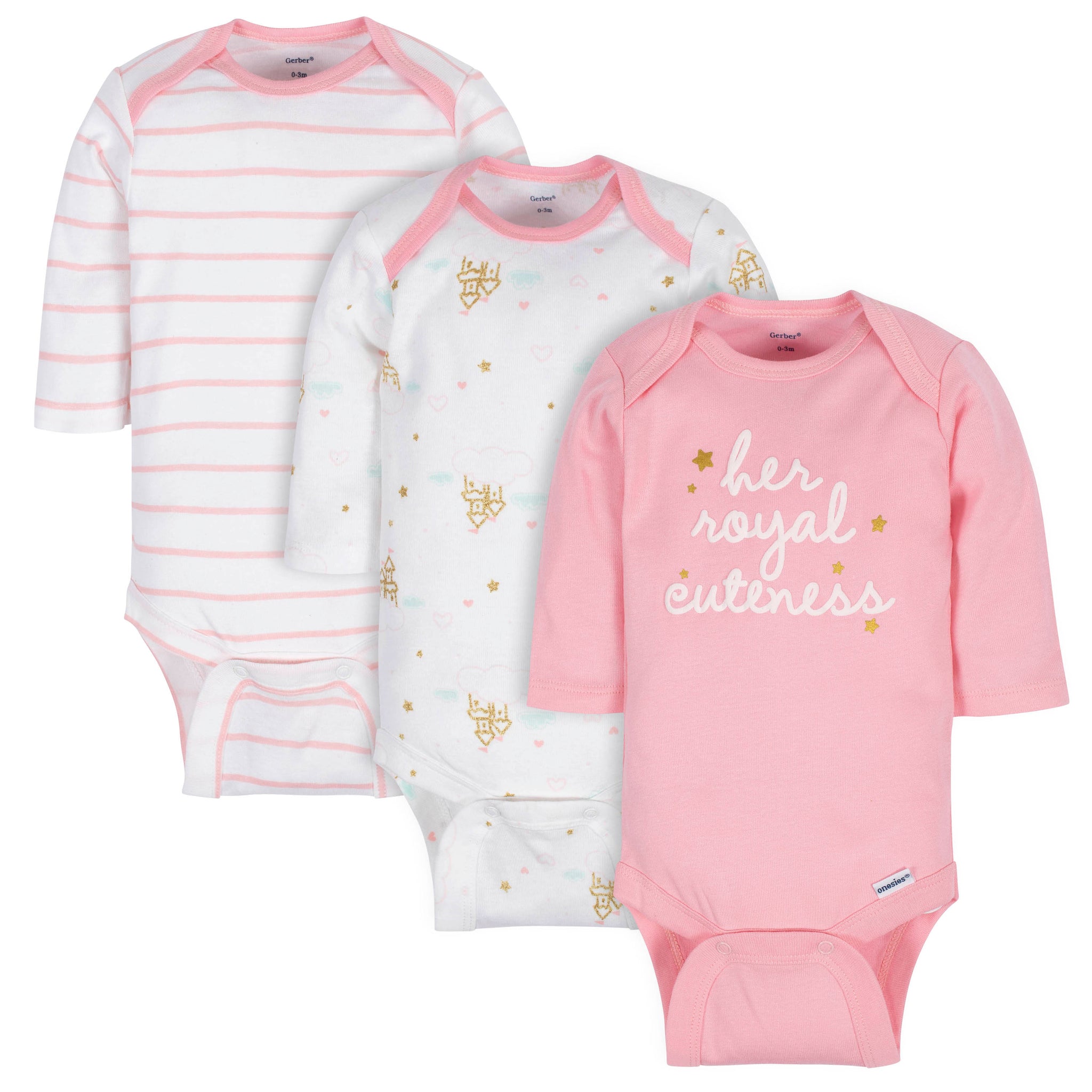 3-Pack Baby Girls Castle Long Sleeve Onesies® Bodysuits-Gerber Childrenswear Wholesale