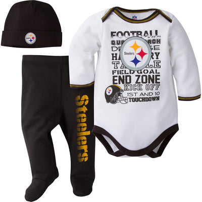 NFL 3-Piece Baby Boys Steelers Bodysuit, Pants and Cap Set-Gerber Childrenswear Wholesale