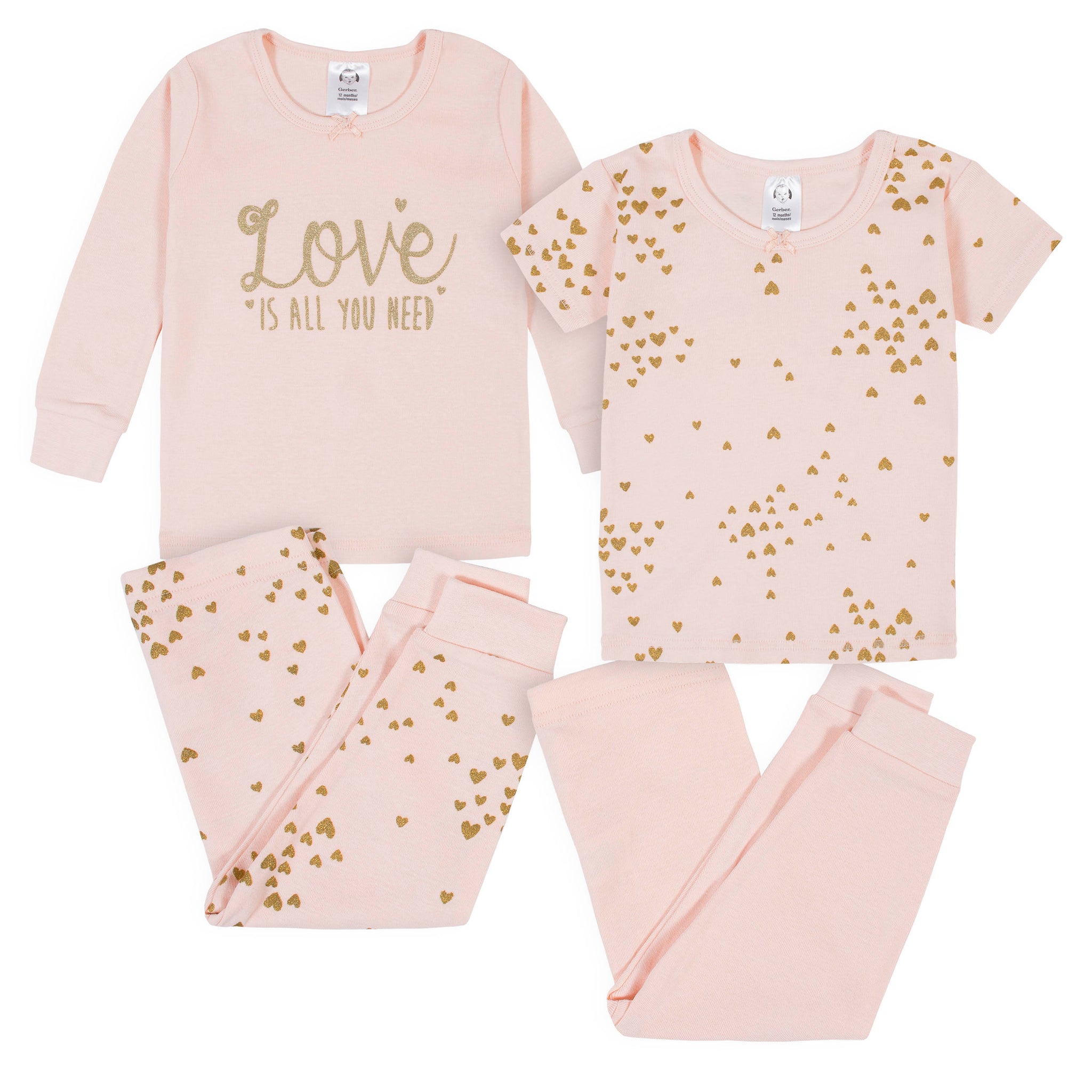 4-Piece Girls Love Snug Fit Cotton Pajamas-Gerber Childrenswear Wholesale