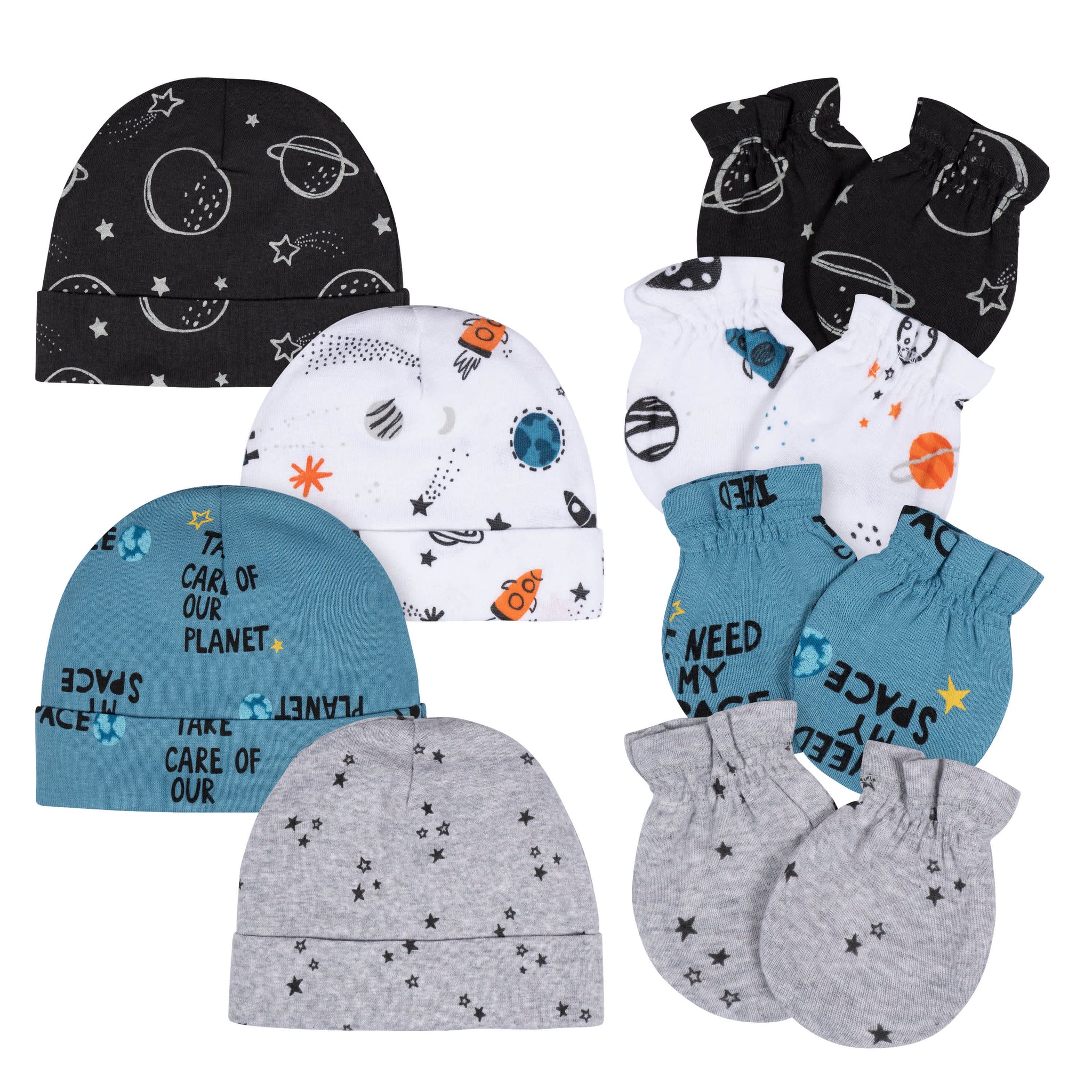 8-Piece Baby Boys Space Explorer No Scratch Mittens & Caps Set-Gerber Childrenswear Wholesale
