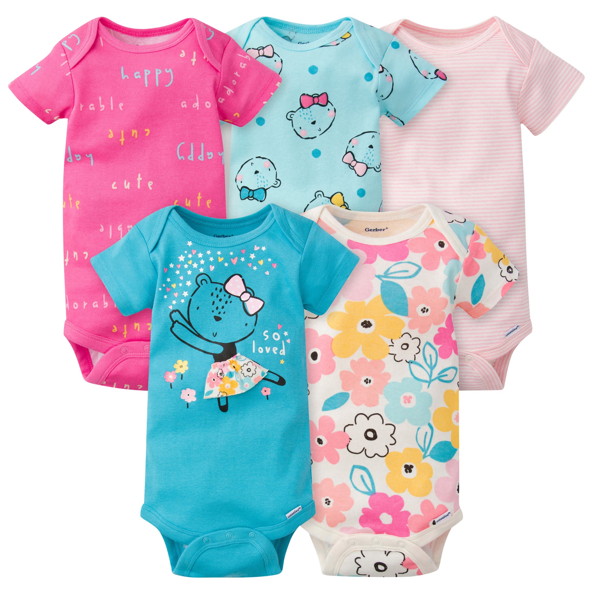 5-Pack Baby Girls Bear Short Sleeve Onesies® Bodysuits-Gerber Childrenswear Wholesale