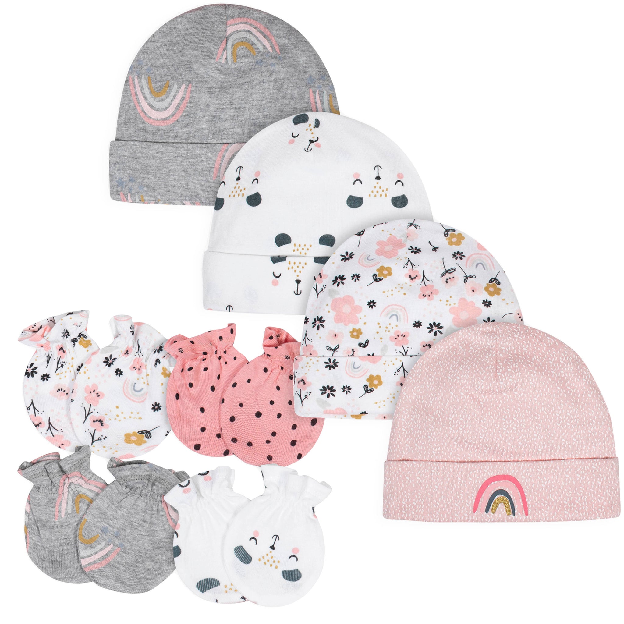 8-Piece Baby Girls Bear Caps and Mittens Bundle-Gerber Childrenswear Wholesale