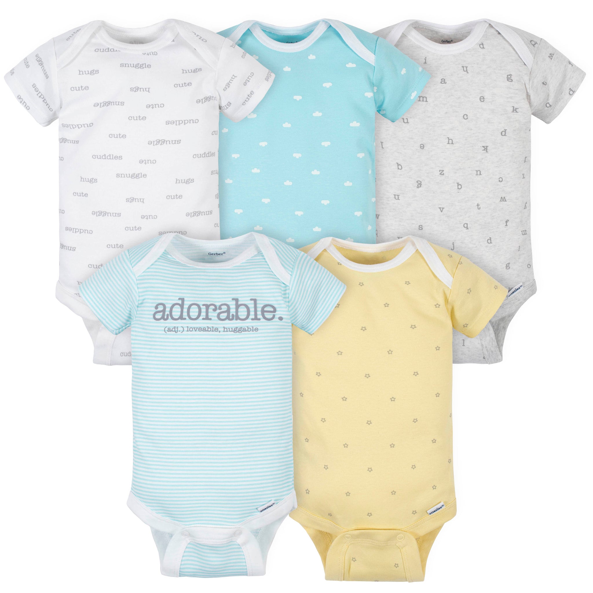 5-Pack Baby Neutral "Adorable" Short Sleeve Onesies® Bodysuits-Gerber Childrenswear Wholesale