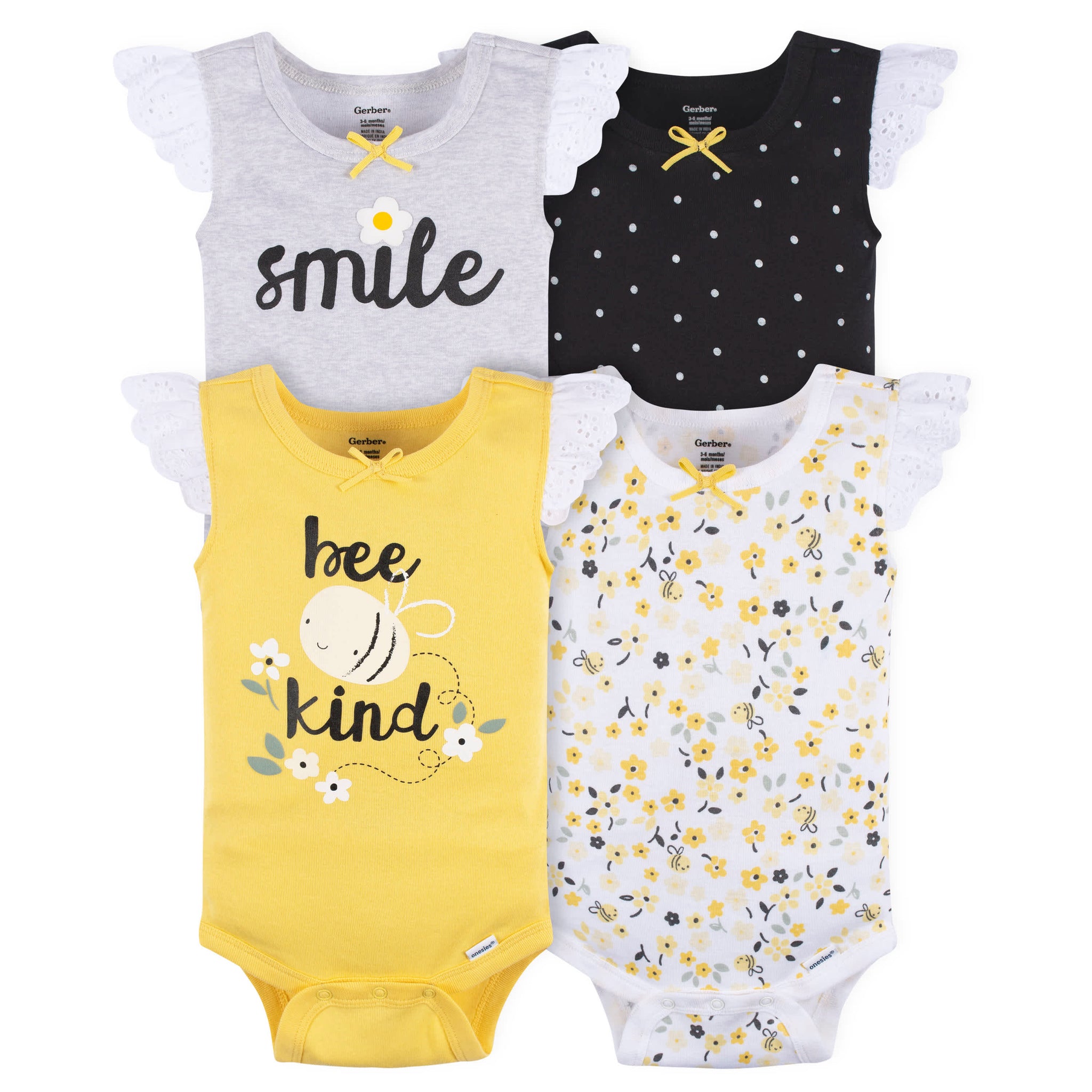 4-Pack Baby Girls Bee Garden Sleeveless Onesies® Bodysuits-Gerber Childrenswear Wholesale