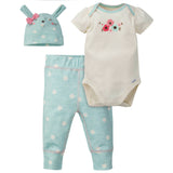 3-Piece Organic Baby Girls Floral Bunny Onesies® Bodysuit, Pant, & Cap Set-Gerber Childrenswear Wholesale