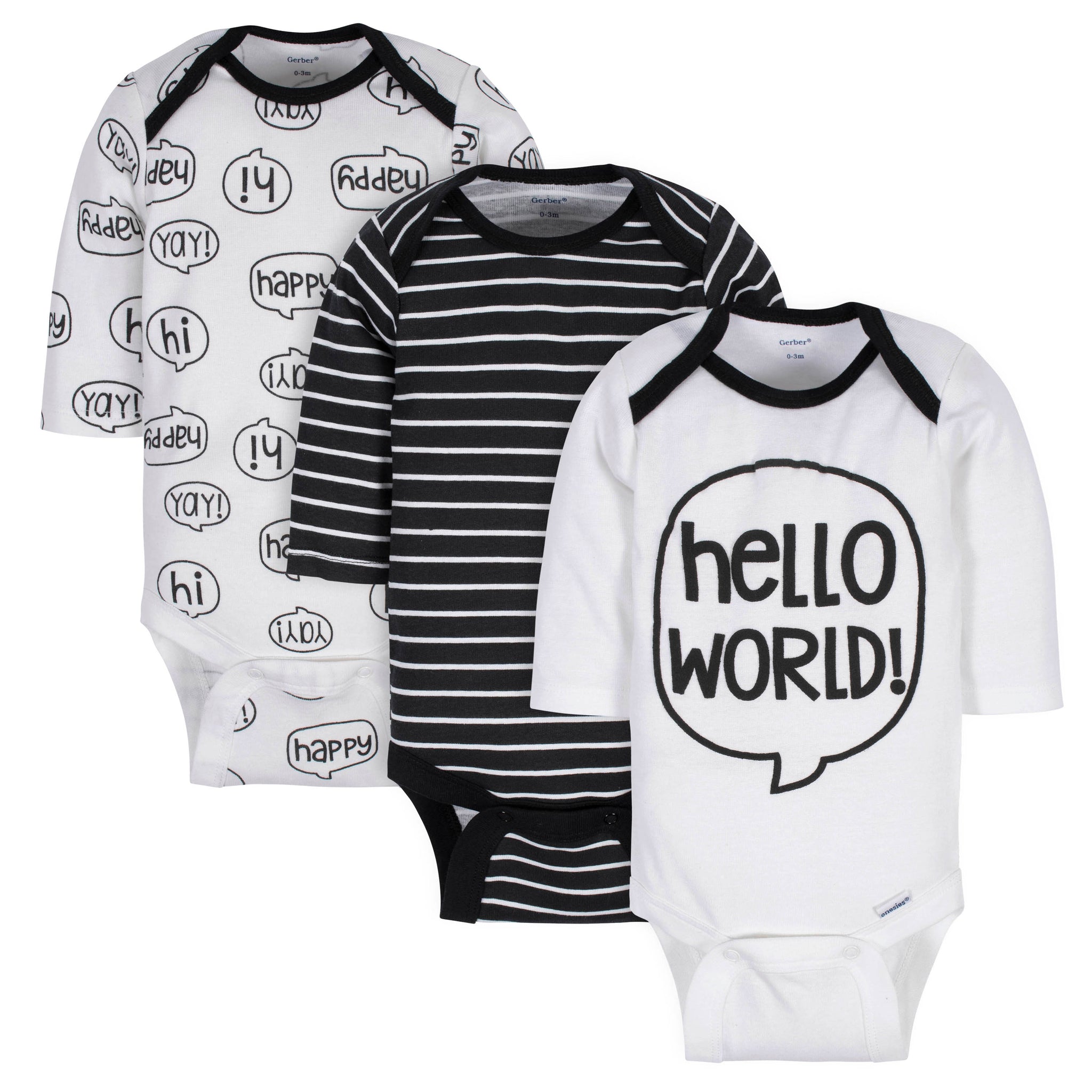 3-Pack Baby Boys "Hello" Long Sleeve Onesies® Bodysuits-Gerber Childrenswear Wholesale