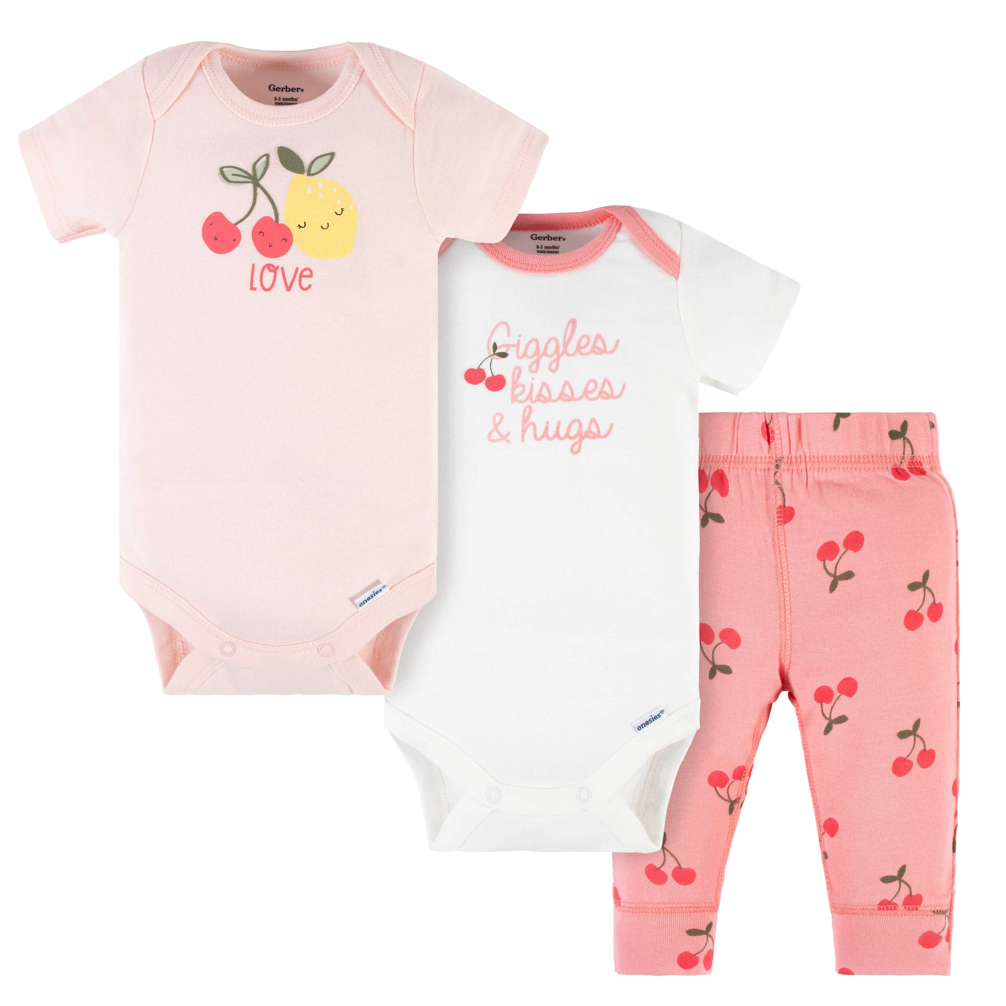 3-Piece Baby Girls Cherry Kisses Short Sleeve Onesies® Bodysuits & Pants Set-Gerber Childrenswear Wholesale
