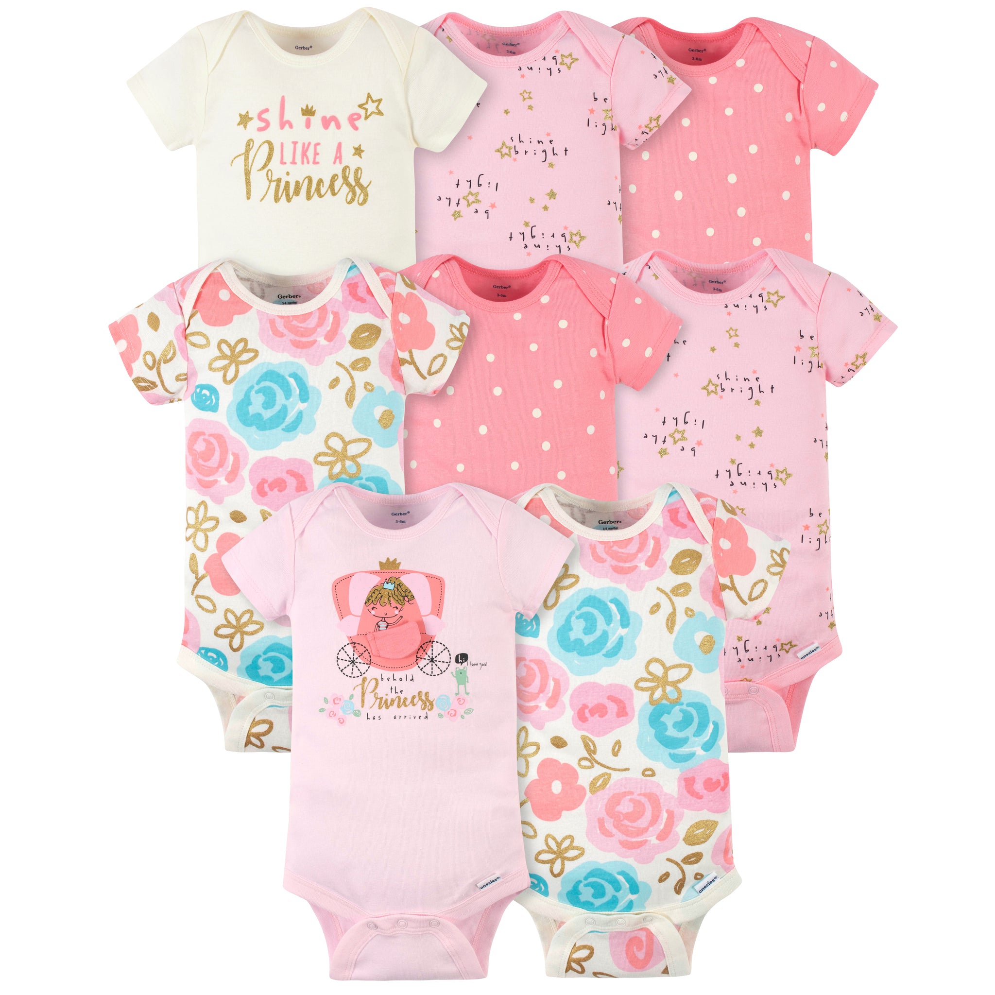 8-Pack Baby Girls Princess Short Sleeve Onesies® Brand Bodysuits-Gerber Childrenswear Wholesale
