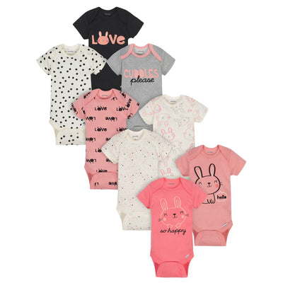8-Pack Baby Girls Bunny Short Sleeve Onesies Bodysuits-Gerber Childrenswear Wholesale
