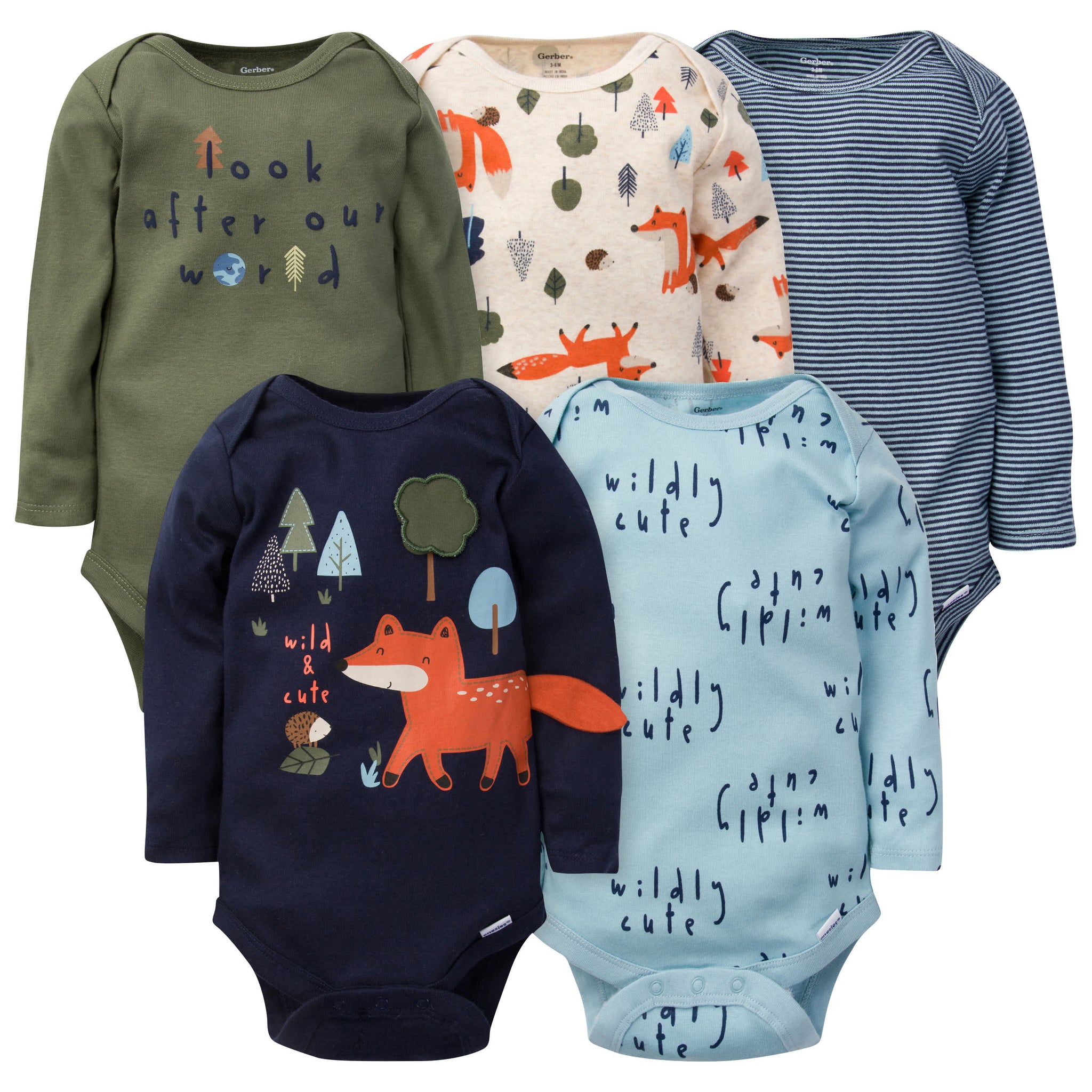 5-Pack Baby Boys Fox Long Sleeve Onesies® Bodysuits-Gerber Childrenswear Wholesale