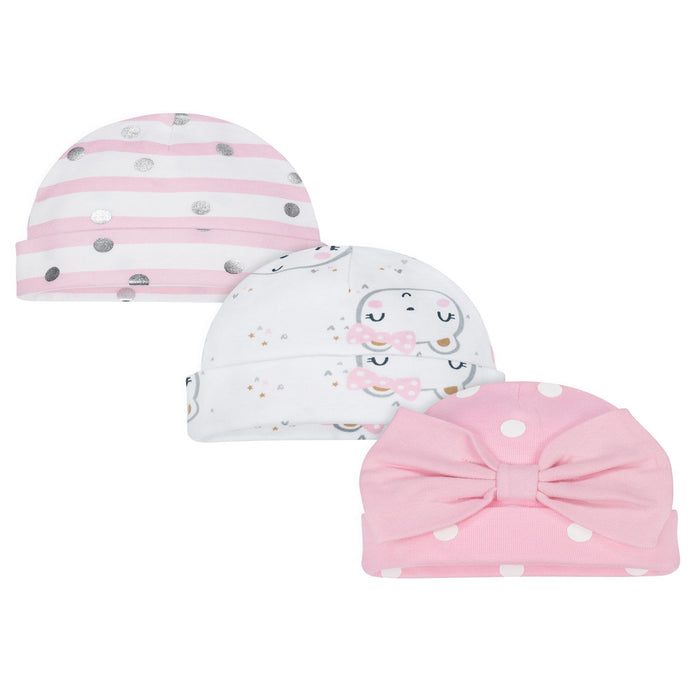 Newborn Baby Girl Organic Cotton Rib Caps, 3-pack-Gerber Childrenswear Wholesale