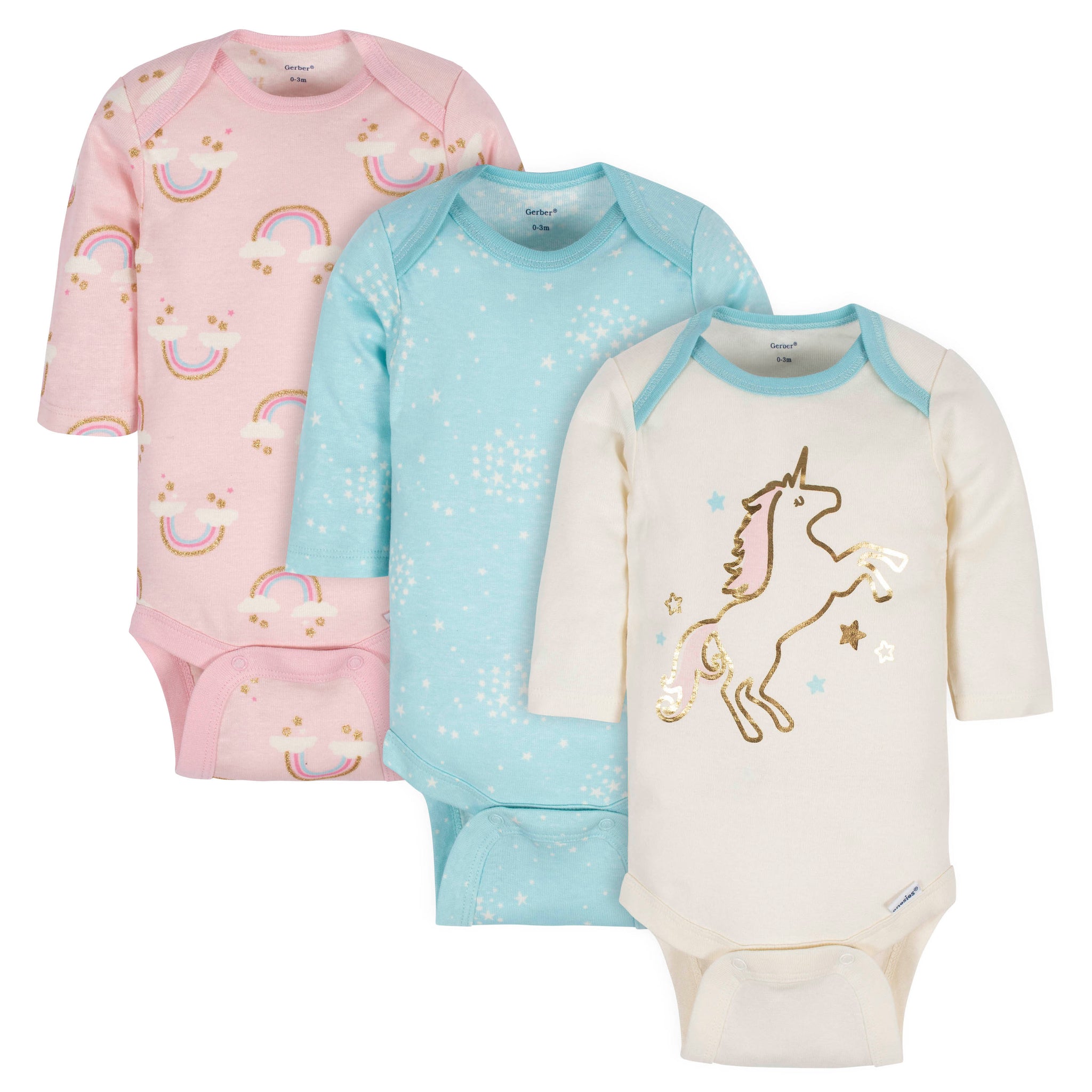 3-Pack Baby Girls Rainbow Long Sleeve Onesies® Bodysuits-Gerber Childrenswear Wholesale