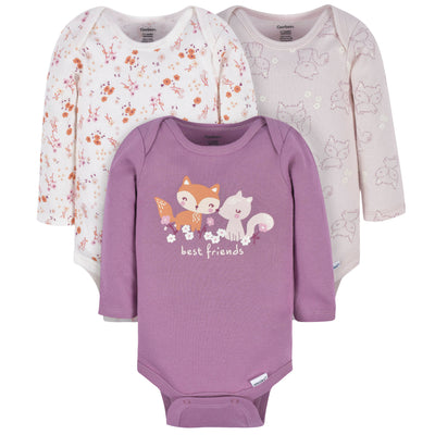 3-Pack Baby Girls Purple Woodland Long Sleeve Onesies® Bodysuits-Gerber Childrenswear Wholesale