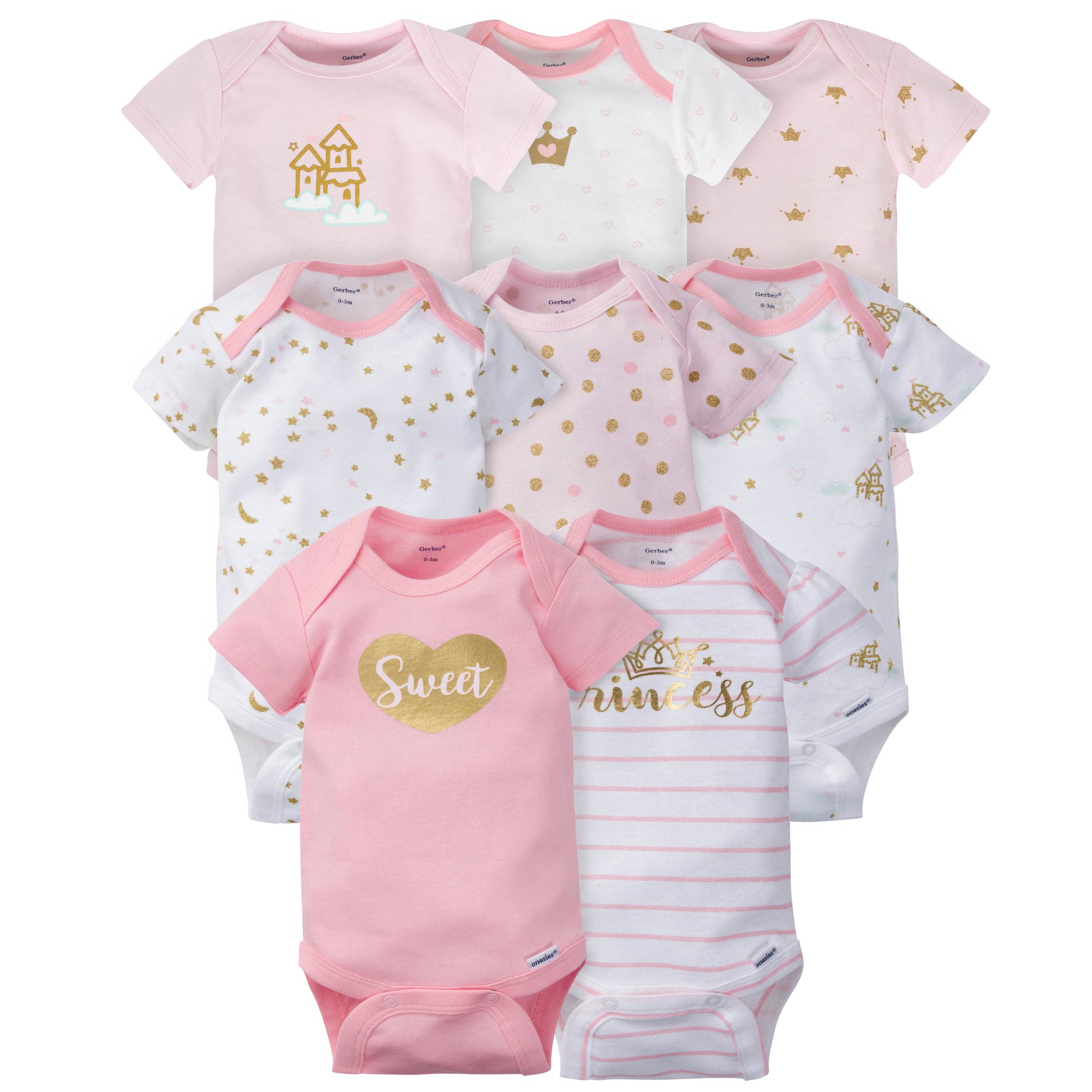 8-Pack Baby Girls Castle Short Sleeve Onesies® Bodysuits-Gerber Childrenswear Wholesale