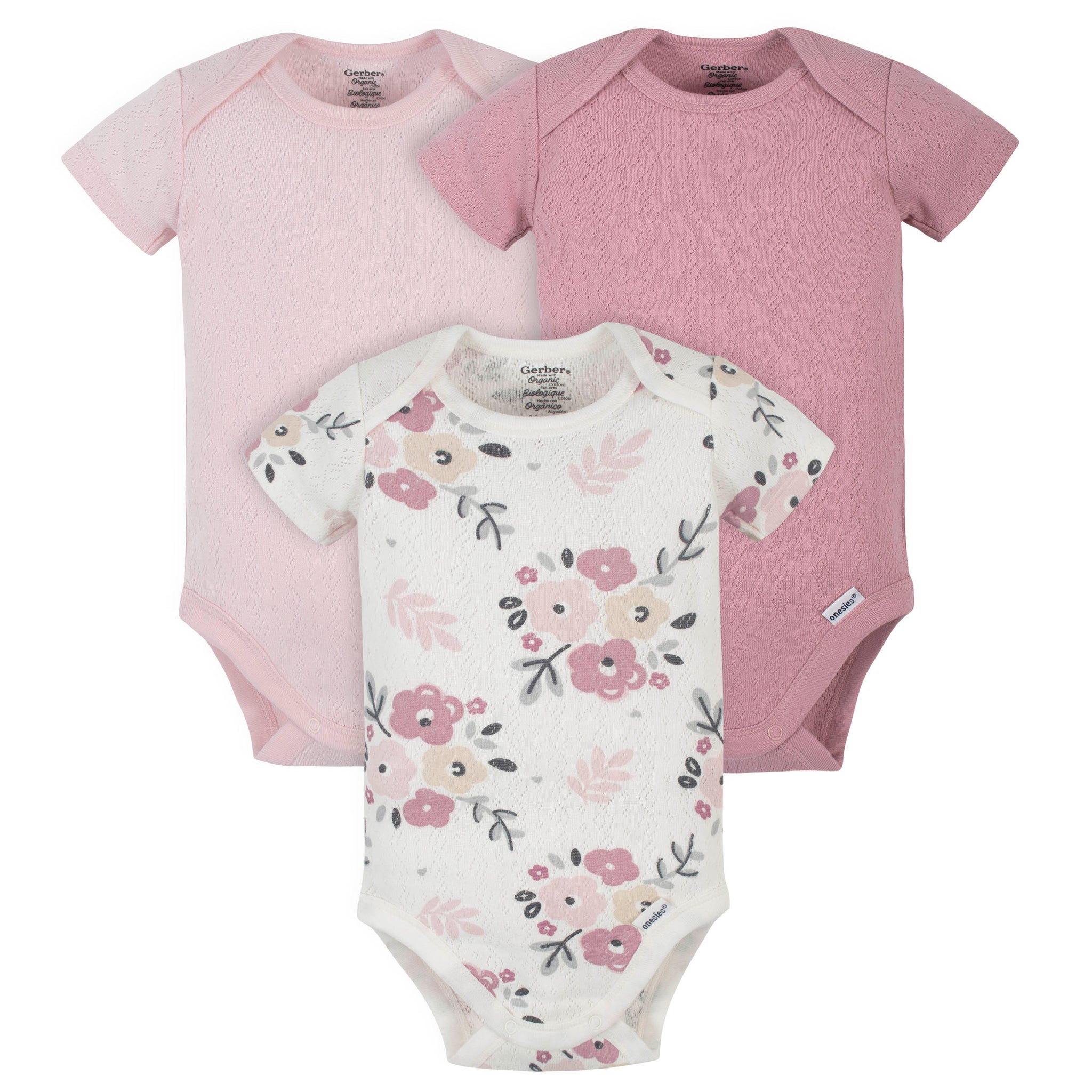 3-Pack Organic Baby Girls Wild Flower Short Sleeve Onesies® Bodysuits-Gerber Childrenswear Wholesale