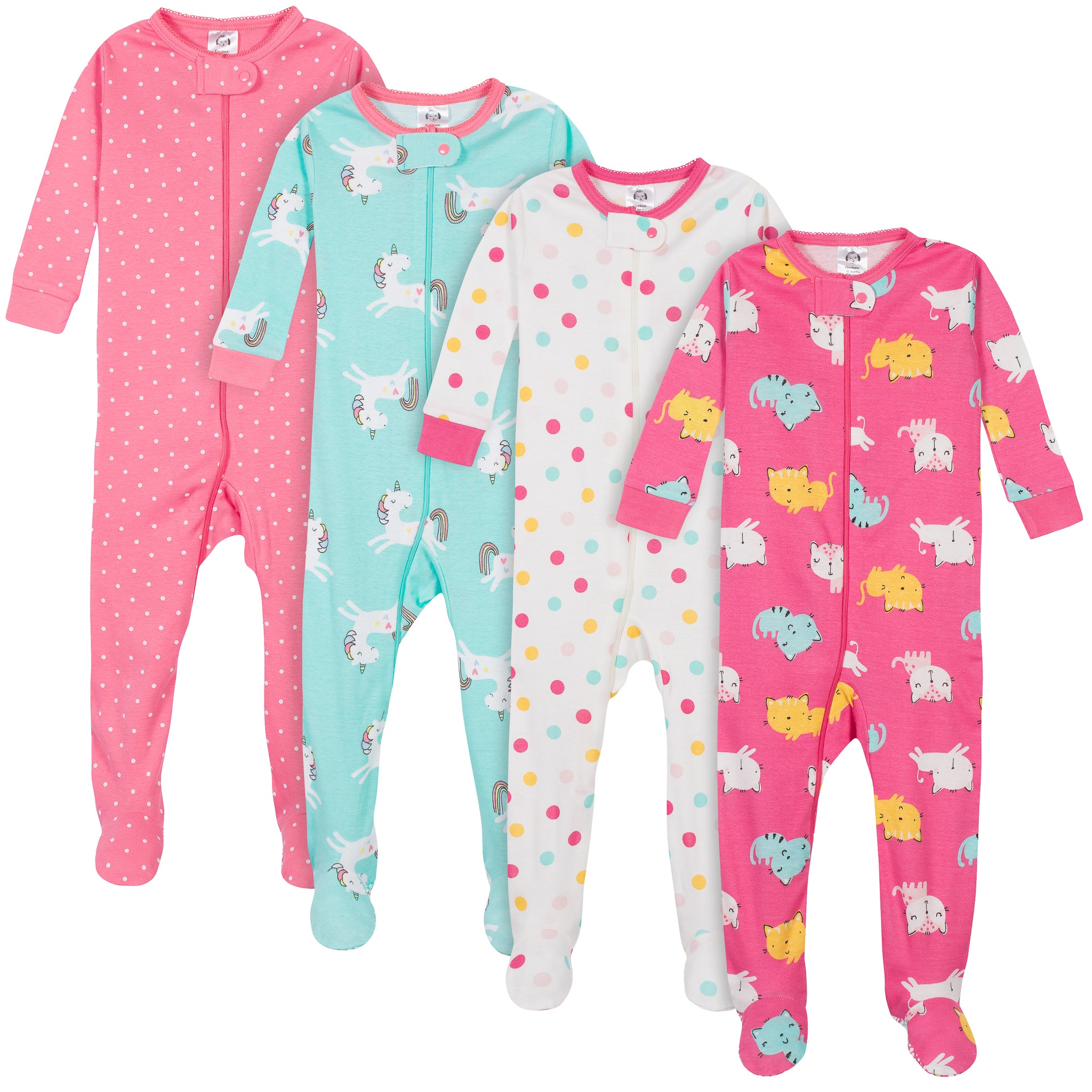 4-Pack Girls Unicorns & Cats Snug Fit Footed Cotton Pajamas-Gerber Childrenswear Wholesale