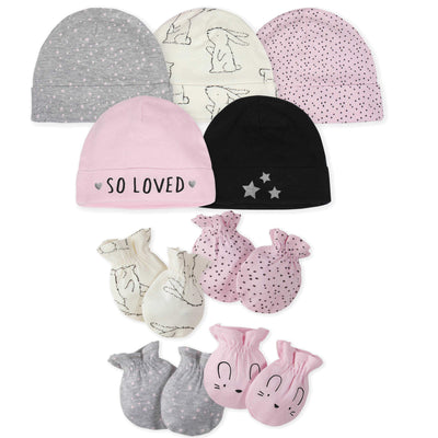 9-Piece Baby Girls Bunny Caps and Mittens Set-Gerber Childrenswear Wholesale