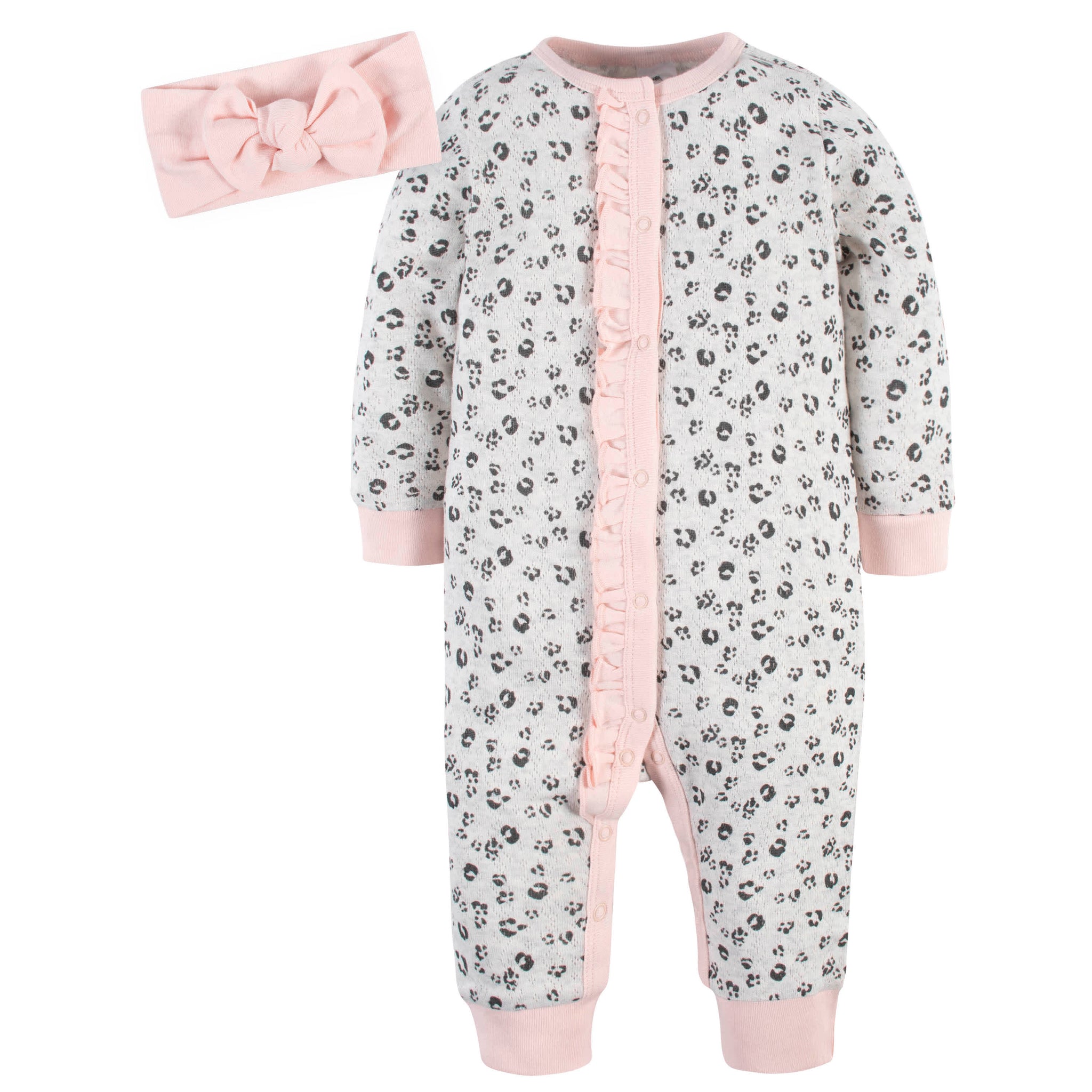 4-Piece Baby Girls Leopard/Floral Coveralls & Headbands Set-Gerber Childrenswear Wholesale