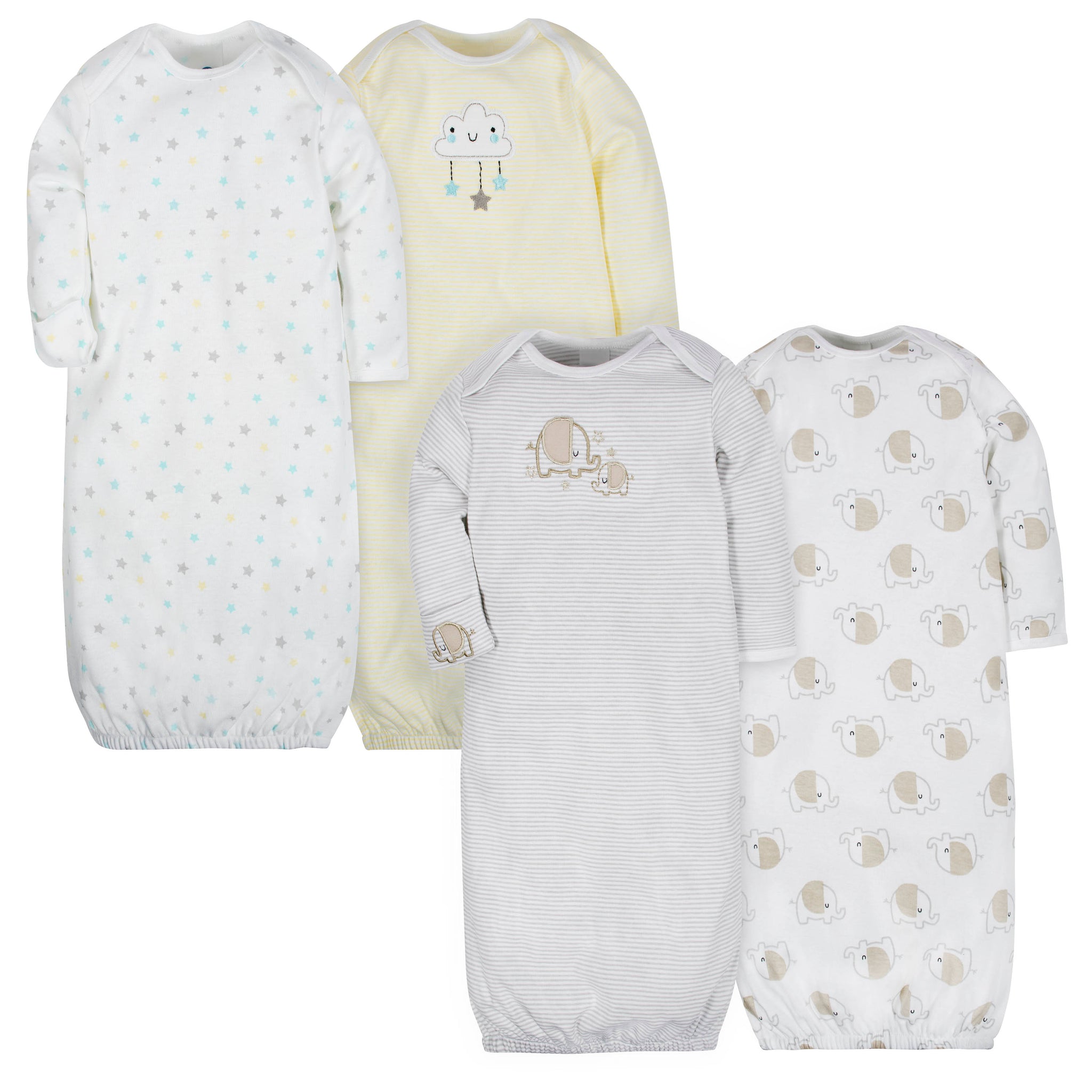 4-Pack Baby Neutral Clouds & Elephant Gowns-Gerber Childrenswear Wholesale