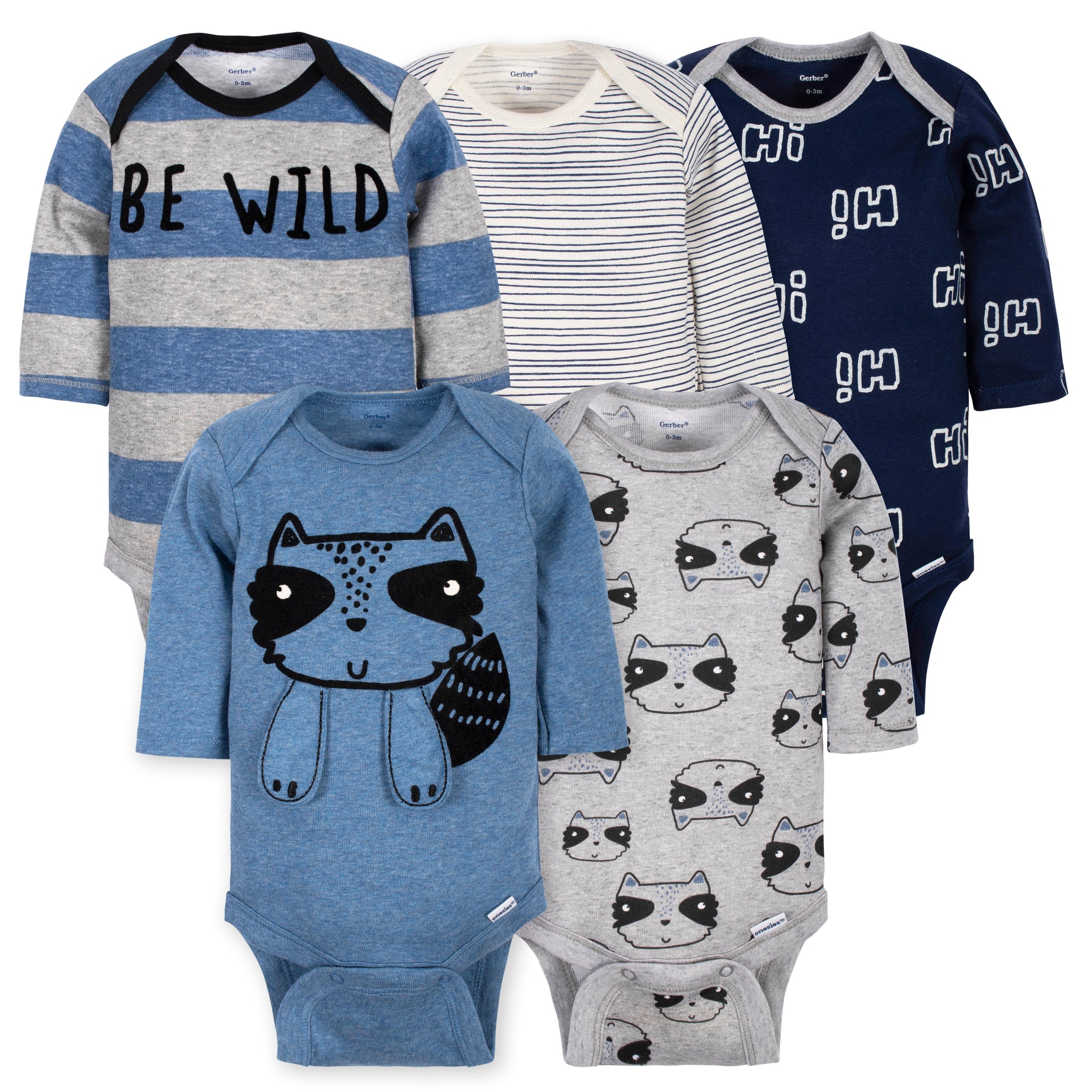 5-Pack Baby Boys Raccoon Long Sleeve Onesies® Brand Bodysuits-Gerber Childrenswear Wholesale