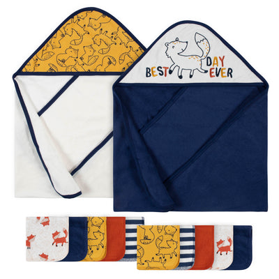 12-Piece Baby Neutral Fox Hooded Towels & Washcloths Set-Gerber Childrenswear Wholesale