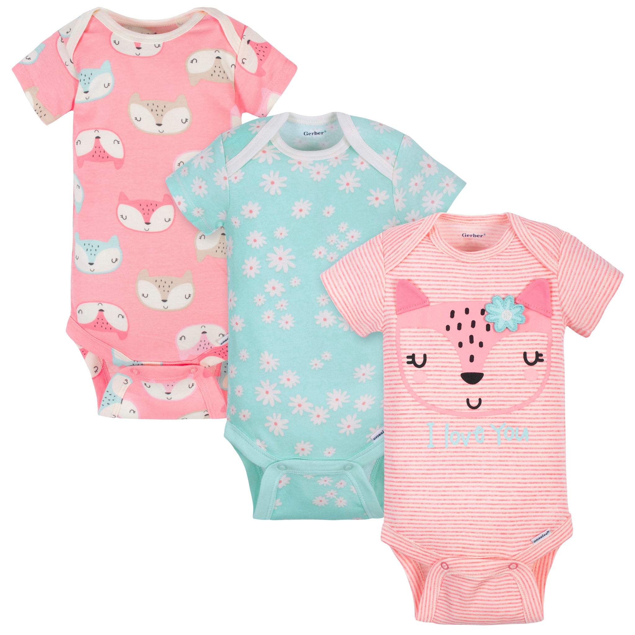 3-Pack Baby Girls Fox Short Sleeve Onesies® Brand Bodysuits-Gerber Childrenswear Wholesale