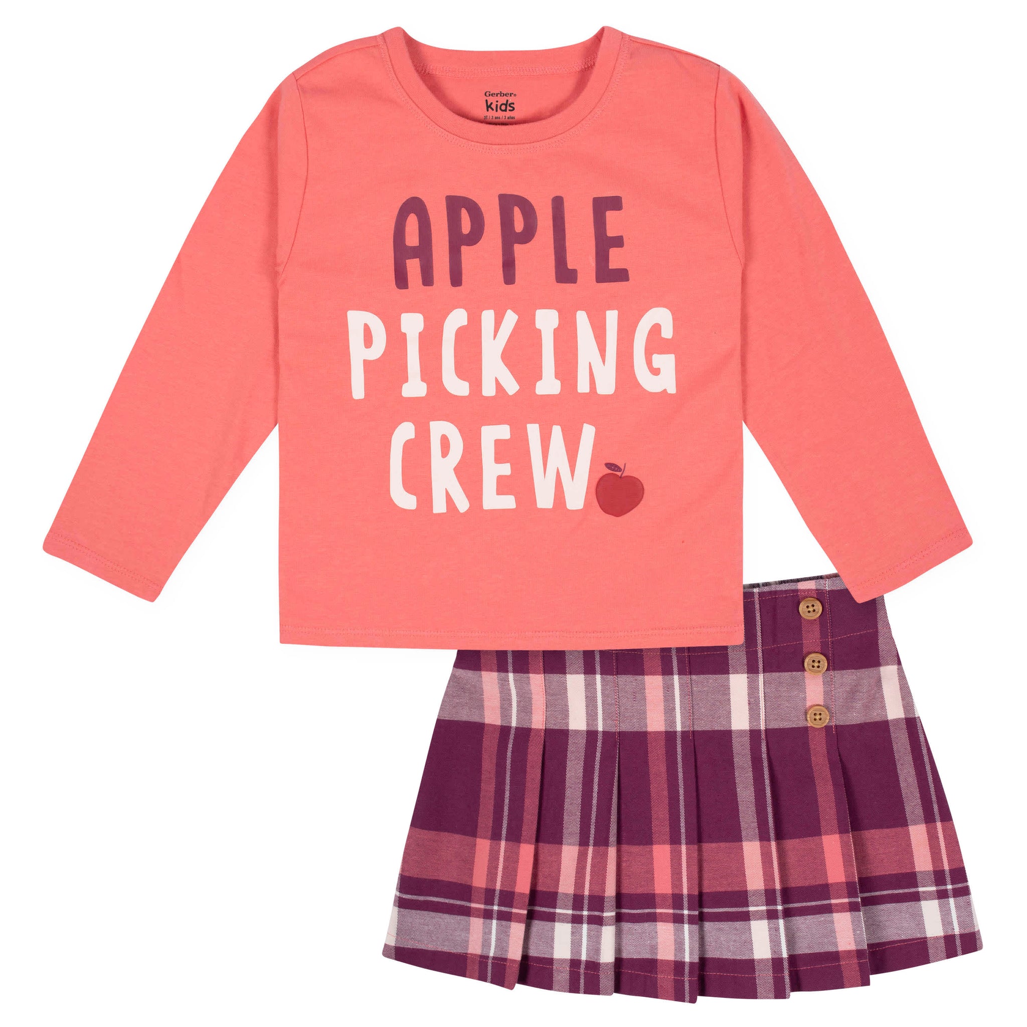 2-Piece Infant & Toddler Girls Burgundy Plaid Tee & Skirt Set-Gerber Childrenswear Wholesale