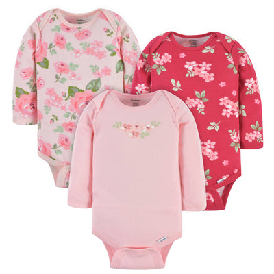 3-Pack Baby Girls Floral Long Sleeve Onesies® Bodysuits-Gerber Childrenswear Wholesale