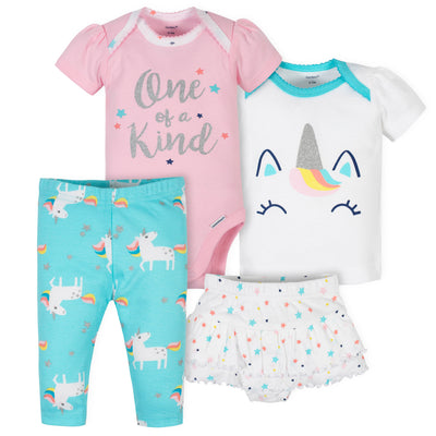 4-Piece Baby Girls Unicorn Onesies® Bodysuit, Skirted Panty, Shirt and Slim Pant Set-Gerber Childrenswear Wholesale