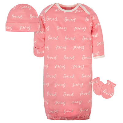 3-Piece Organic Baby Girls Loved Gown, Cap, & No Scratch Mittens Set-Gerber Childrenswear Wholesale