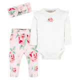 3-Piece Baby Girls Pink Garden Onesies® Bodysuit, Pants & Headband Set-Gerber Childrenswear Wholesale