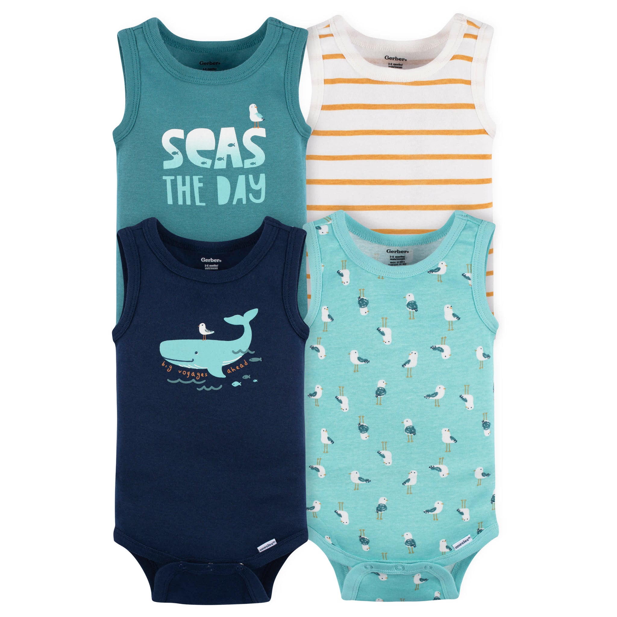 4-Pack Baby Boys Seas The Day Sleeveless Onesies® Bodysuits-Gerber Childrenswear Wholesale