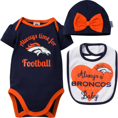 NFL 3-Piece Baby Girls Broncos Short Sleeve Bodysuit, Bib and Cap Set-Gerber Childrenswear Wholesale