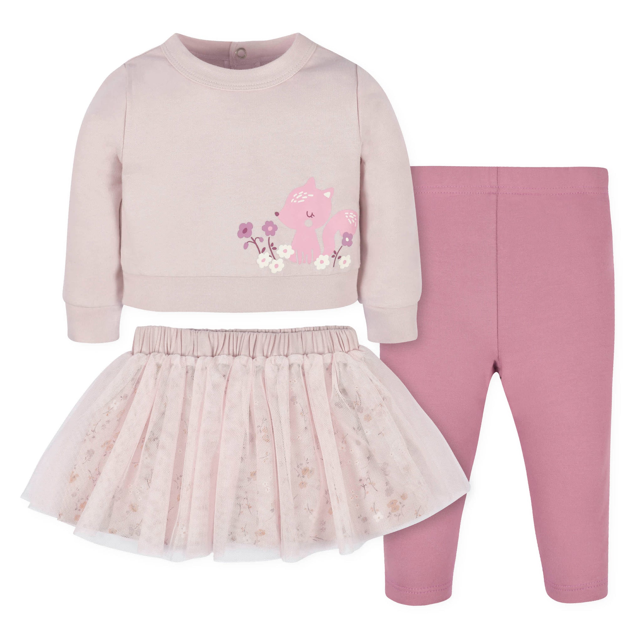 3-Piece Baby & Toddler Girls Purple Woodland French Terry Top, Tulle Tutu, & Legging Set-Gerber Childrenswear Wholesale