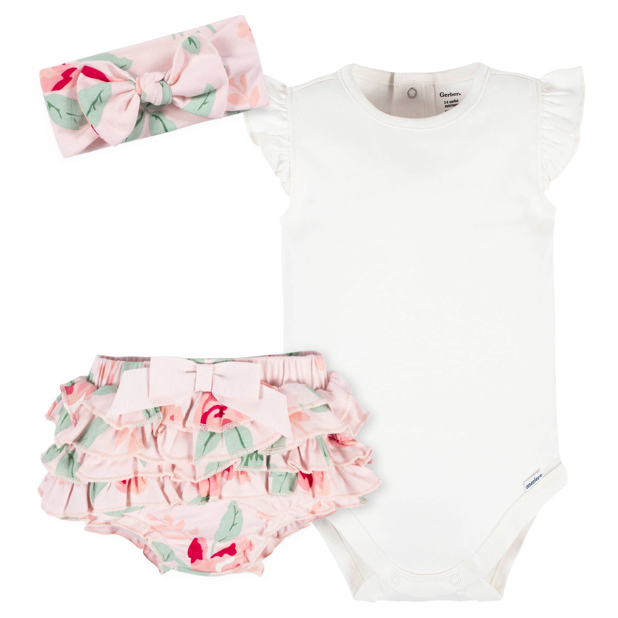 3-Piece Baby Girls Pink Garden Onesies® Bodysuit, Diaper Cover & Headband Set-Gerber Childrenswear Wholesale