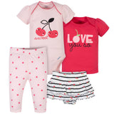 4-Piece Baby Girls Cherries Onesies® Bodysuit, Skirted Panty, Shirt and Slim Pant Set-Gerber Childrenswear Wholesale