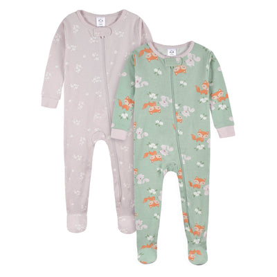 2-Pack Baby & Toddler Girls Purple Woodland Fox Snug Fit Footed Cotton Pajamas-Gerber Childrenswear Wholesale