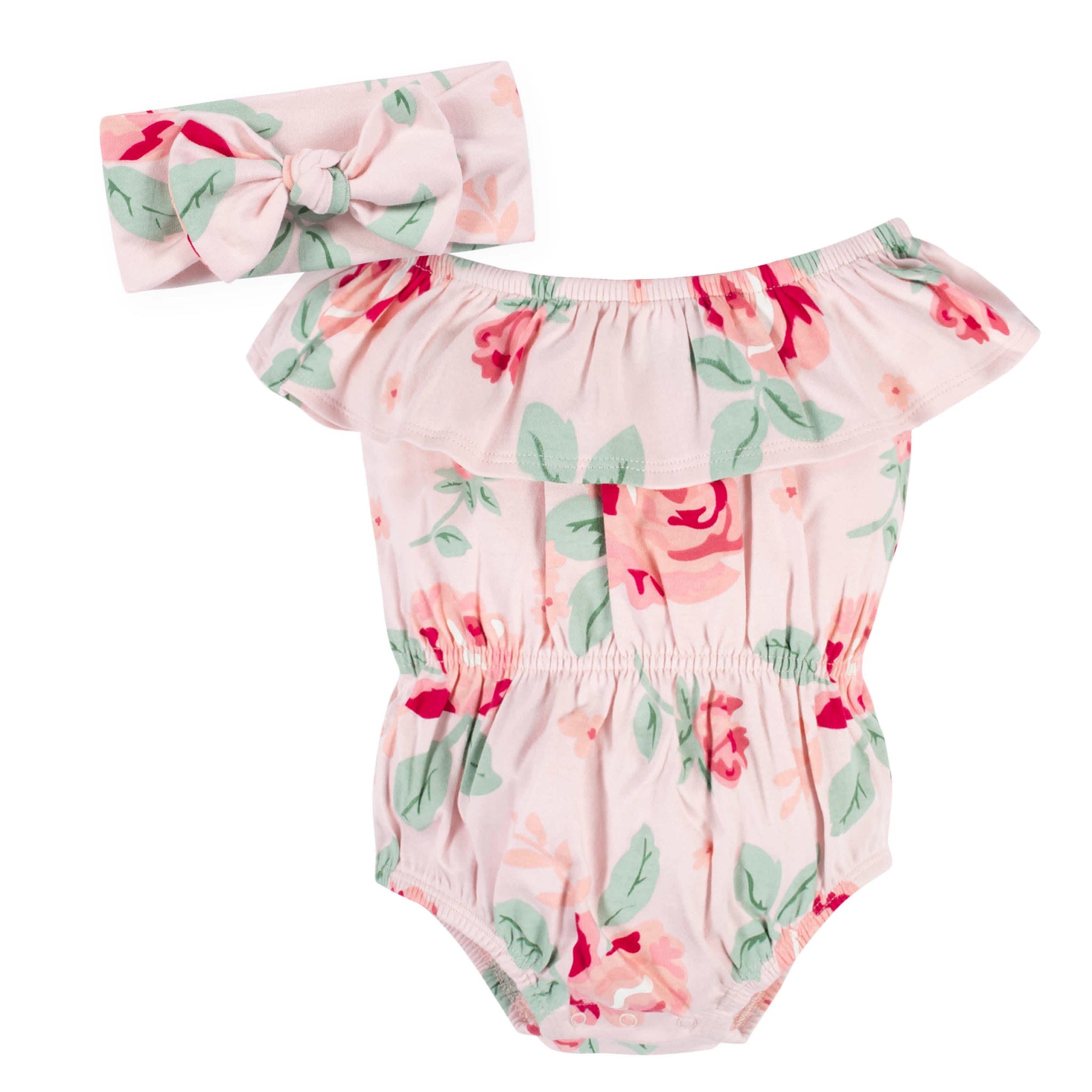 2-Piece Baby Girls Pink Garden Wide Neck Romper & Headband Set-Gerber Childrenswear Wholesale